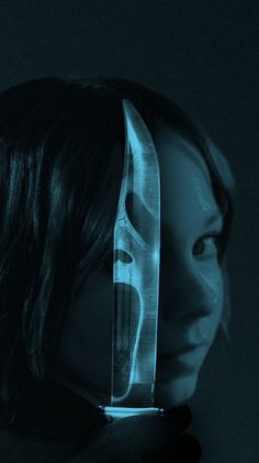 a woman with a knife on her head in front of a black background and blue light