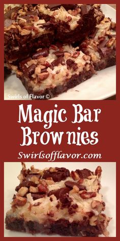 some brownies with nuts on top and the words magic bar brownies above them