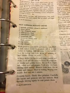 an old recipe book is open to show information about how to make hot german potato salad