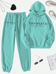 Women's Tiff Blue Print Hoodie & Sweatpants Set Luxury Gifts For Her, Womens Fashion Jeans, Hoodie And Sweatpants, Sweatpants Set, Tiffany And Co, Closet Fashion, Hooded Tops, Loose Pants, Cotton Hoodie