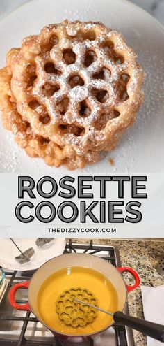 a plate with some food on it and the words rosette cookies in front of it