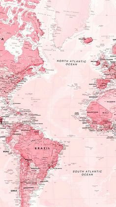 a pink world map with all the countries and major cities on it's sides