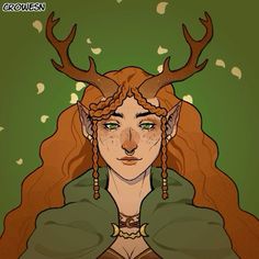 a drawing of a woman with deer horns on her head and green shirt over her shoulders