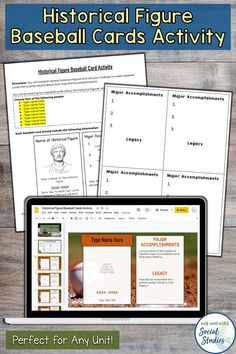 the baseball card activity is displayed on a computer screen with text that reads historical figure baseball cards activity perfect for any unit