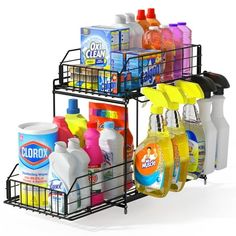 three tiered rack with cleaning products and detergents on it, against a white background