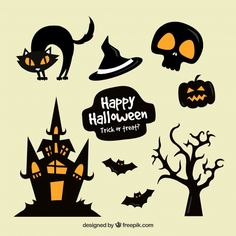 halloween clipart set with pumpkins, bats and ghost's head in the background