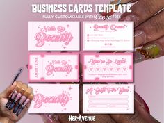 four pink business cards with hearts and stars on them, one for each woman's hand