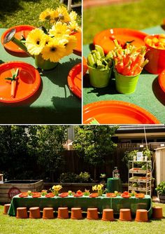 an assortment of orange and green plates with flowers in them on a table set up outside