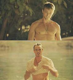 two pictures of a shirtless man in the water