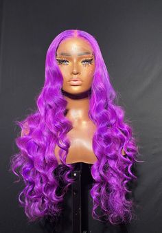 Color: Purple Cap Size: Head Circumference about 22.5" - 23" Length: 22" (4 bundles) 20 inch 5x5 Wig Tpe: Lace closure Lace Type: High Quality HD Lace Lace Wigs Styles, Frontal Wig Hairstyles, Diy Hair Color, Multi Colored Hair, Purple Wig, Editorial Hair, Frontal Hairstyles, Pretty Hair Color, Human Virgin Hair