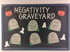 a blackboard with white writing on it that says negativity graveyard and ghost heads