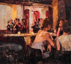 a painting of people sitting at tables in a restaurant