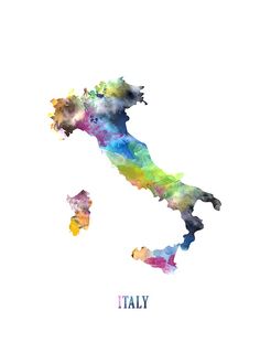 the map of italy in watercolor on white paper with text that says italy and it is