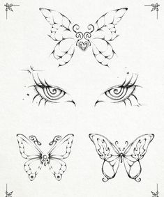 four butterflies with different shapes and sizes on them, all drawn in pencil by hand