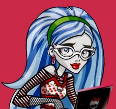 a cartoon girl with blue hair and glasses using a laptop computer on her lap top