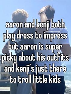 two men standing next to each other with the words aaron and keni both play dress to