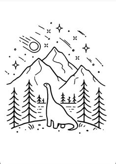 a black and white drawing of a dinosaur in front of mountains with stars, trees and the moon