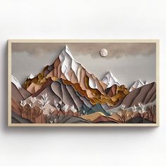 an abstract painting of mountains and trees with a moon in the sky above them on a white wall