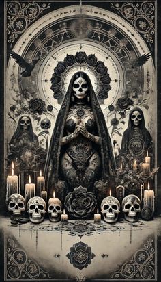 a poster with skulls and candles in front of the image, featuring a woman holding a skull