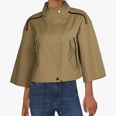 Versatile Fall Jacket That Goes Great With Jeans And Fits Over Bell Sleeves. Cute Dark Trim, Fun Details And Adjustable Draw String Waist. You Can Wear As A Swing Jacket Or Cinch In Tighter. Chic Khaki Cropped Jacket For Spring, Spring Cropped Khaki Outerwear, Dark Trim, Hooded Parka, Fall Jackets, Suede Jacket, Utility Jacket, Quilted Jacket, Black Jacket