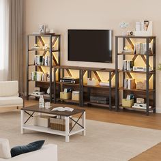 a living room filled with furniture and a flat screen tv on top of a wooden shelf