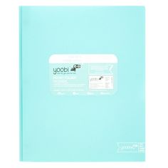 a light blue binder with the words yoobi on it's side