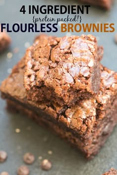 some brownies are stacked on top of each other