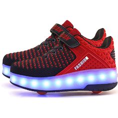 a red and black shoe with blue lights on it