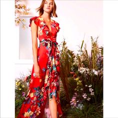 Alexis Janna Floral Wrap Dress Red Floral Print Midi Dress For Evening, Red Floral Dress For Spring Party, Red Floral Spring Party Dress, Fitted Red Floral Maxi Dress, Elegant Red Floral Midi Dress, Red Floral Dress For Garden Party, Red Floral Print Midi Dress For Garden Party, Red Ruffled Maxi Dress For Garden Party, Red Bohemian Floral Dress For Spring