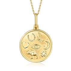 Ross-Simons - Italian 14kt Yellow Gold Lucky Charms Round Pendant Necklace. 18". Good luck is sure to come your way when you're wearing this 14kt yellow gold round pendant necklace from Italy! Features all the on-trend symbols you love including a horseshoe, a dove, a moon with stars, a clover, an elephant, a heart and an evil eye. Suspends from a classic cable chain. Matte and polished finishes. Lobster clasp, 14kt yellow gold lucky charms round pendant necklace. Symbolic Yellow Gold Charm Necklace With Coin Pendant, 14k Gold Round Pendant Charm Necklace For Good Luck, Symbolic Yellow Gold Medallion Charm Necklaces, 14k Gold Symbolic Charm Necklace With Round Pendant, Yellow Gold Medallion Charm Necklace 14k, Moon With Stars, Round Pendant Necklace, Lucky Charms, An Elephant