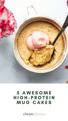 a bowl filled with pudding next to a spoon