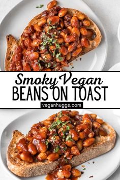 two slices of toast with beans on top and the words smoky vegan beans on toast above it