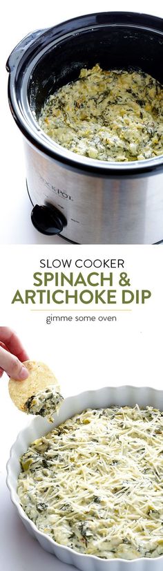 a hand holding a cracker over an artichoke dip in a slow cooker