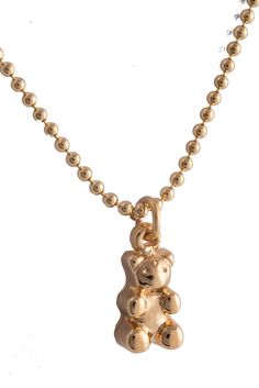 "Small Gold-Plated Gummy Bear Charm Necklace Bear charm measures 1/4\" x 1/2\" on a 24\" long 2mm gold-plated ball chain. Available with and without the necklace chain. We also have this necklace available in Silver and with larger Bear Charms. Handmade in the USA. We offer FREE SHIPPING on orders over $35!" Gold Teddy Bear, Feminist Necklace, Cat Necklace Gold, Kawaii Necklace, Cat Necklace Silver, Cowrie Shell Necklace, Necklace Gift Box, Big Sister Gifts, Rainbow Moonstone Necklace