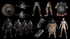 several different types of armor and helmets are shown in this image, including one man with no shirt