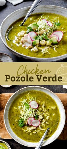 two bowls of chicken pozole verde soup with spoons and garnishes