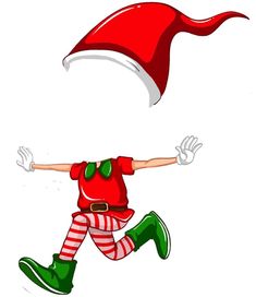 a cartoon christmas elf running with a santa hat on his head and green boots in the air