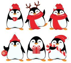 penguins with christmas hats and scarfs