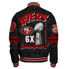 San Francisco 49ers Super Bowl LVIII 2024 Unisex Varsity Jacket SFAT V18 VARSITY JACKET The varsity jacket is perfect for the ones who are looking for a statement outwear option to make a cool casual outfit. It is not only trendy but also a practical item to wear during the colder season. It is perfect... Team-colored Outerwear With Team Name For Sports Season, Team Outerwear For Game Day, Black Team Spirit Outerwear For Sports Events, Black Outerwear For Game Day, Team Spirit Black Outerwear For Streetwear, Black Team Spirit Outerwear For Streetwear, Team Spirit Outerwear For Sports Season, Team-colored Track Jacket For Game Day In Winter, Black Team Outerwear For Sports Events