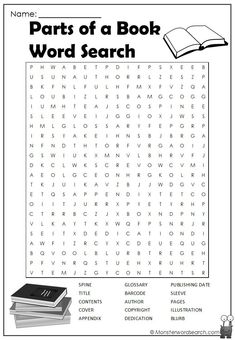 the parts of a book word search is shown in black and white, with an open book