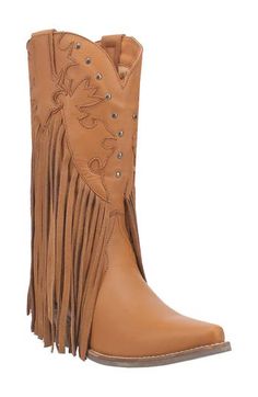 Dramatic leather fringe on this pointed-toe Western boot will move to the beat of every hoedown you attend, while a cushioned insole keeps you supported. 1 1/4" heel 12" shaft; 15" shaft circumference Pull-on style Cushioned insole Leather upper/textile lining/synthetic sole Imported Leather Fringe Boots For Rodeo, Brown Western Boots With Tassels, Western Fringe Boots For Fall, Fall Fringe Boots With Snip Toe, Leather Pointed Toe Boots With Fringe, Brown Leather Fringe Boots, Western Boots Women, Rollerball Perfume, Western Boot