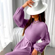 Lantern Sleeve Mock Neck Belted Sweater Dress Casual Purple Winter Dresses, Spring Long Sleeve Sweater Dress For Brunch, Long Sleeve Sweater Dress For Spring Brunch, Casual Knit Dress, Burgundy Midi Dress, Sheer Jacket, Rose Print Dress, Belted Sweater, Spotted Dress