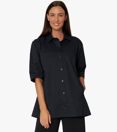 Our Off Duty Shirt is designed with you in mind! Featuring unique details like concealed breast- and side seam pockets, and shirring at the back yoke for extra ease, this shirt offers all-day comfort without compromising style. Enjoy this style when running errands, out with friends, or even when on duty. A shirt to live in! This is a limited production item produced in small quantities. If your selected size is currently sold out and pre-order is available, pre-order yours today to be first on Chambray Button-up Shirt With Pockets, Off Duty, Running Errands, Chambray, Black Shirt, White And Black, Perfect Fit, Organic Cotton, Black