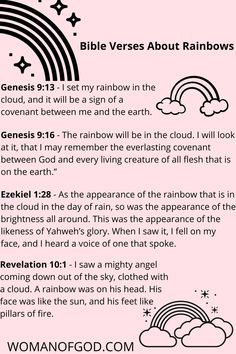 a pink background with black and white text on it that says bible verses about rainbows