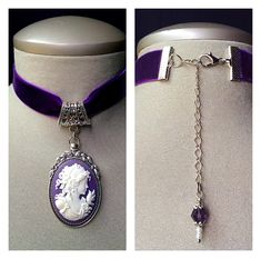 "Cameo jewelry! A beautiful vintage purple cameo set in an antique silver pendant and attached to a custom purple velvet choker.... Adjustable with a purple Swarovski Crystal added to the end of the antique silver extension chain... Please select if you would like this item gift wrapped....I will also include a card with your personal message... Thank you for taking time to browse my shop \"Veronica Rose Designs\" https://www.etsy.com/shop/veronicarosedesigns?ref=seller-platform-mcnav" Vintage Purple Choker Necklace, Elegant Purple Wedding Choker, Vintage Adjustable Purple Jewelry, Purple Gothic Jewelry For Formal Occasions, Gothic Purple Jewelry For Formal Occasions, Adjustable Vintage Purple Jewelry, Victorian Style Adjustable Cameo Jewelry, Victorian Adjustable Cameo Jewelry, Collectible Adjustable Cameo Jewelry