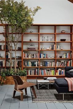 a living room filled with furniture and bookshelves covered in lots of bookcases