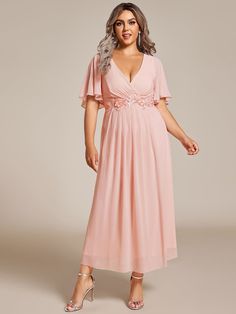 Plus Size Elegant Short Sleeves V-Neck Floral Applique Wedding Guest Dress  #color_Pink Plus Size Wedding Guest Dress, Plus Size Wedding Guest, Elegant Wedding Guest Dress, Plus Size Elegant, Applique Wedding, Plus Size Wedding, Floral Applique, Tea Length, Wedding Guest Dress