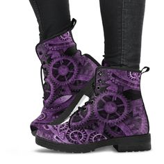 Iconic clockwork gear design in purple tones printed on a Vegan Leather Combat boot.  Custom printed and then lovingly handcrafted into these extra comfortable combat style boots.    These stunning boots have a rounded toe and lace up for a snug fit.   The sole is made of high quality rubber, excellent for traction and durability.   All of my Vegan Leather Boots are custom-made-to-order and handcrafted to the highest quality standards. Features vegan-friendly leather with a double-sided print an Steampunk Boots With Round Toe For Alternative Fashion, Purple Lace-up Boots For Streetwear, Purple Punk Boots With Round Toe, Purple Leather Lace-up Boots, Purple Lace-up Leather Boots, Purple Round Toe Boots For Streetwear, Casual Purple Boots For Streetwear, Purple Steampunk, Steampunk Clockwork