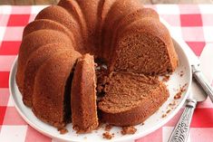 a bundt cake is cut into slices on a plate