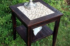 Mosaic End Table. Tile Mosaic End Table. Rustic Side Table w/ Shelf. "Glass in the Ruins" Mosaic. 19 Table Tile, Rustic Side Table, Custom Coffee Table, Table Glass, Tile Mosaic, Side Table Design, Mosaic Table, Stone Tile, The Ruins